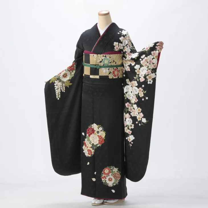 吉澤友禅　黒地　大光　振袖　フルセット f0425024r】【黒系】振袖 レンタル フルセット Lサイズ 【状態:S