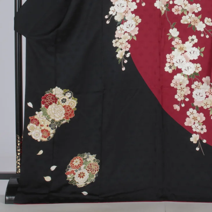 f0425024r】【黒系】振袖 レンタル フルセット Lサイズ 【状態:S