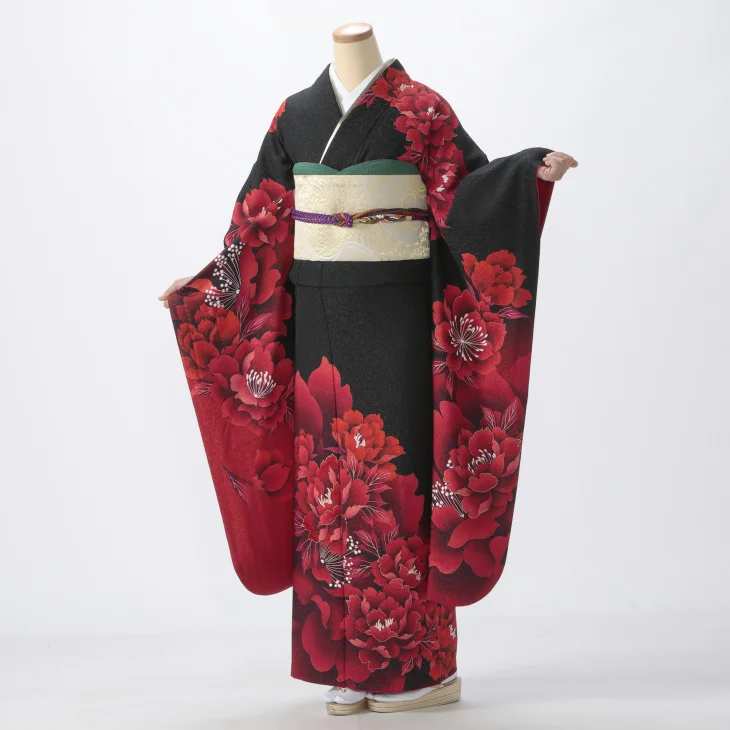 f0522424r】【黒系】振袖 レンタル フルセット Mサイズ 【状態:S