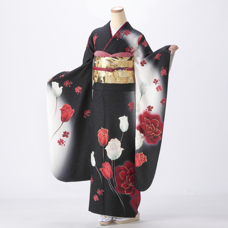 レトロ　時代物　中振袖　小さめサイズ　お値打ち品　大幅お値下げ 安い！昭和レトロ 黒/ピンク ボタン柄 シンプル アンティーク調