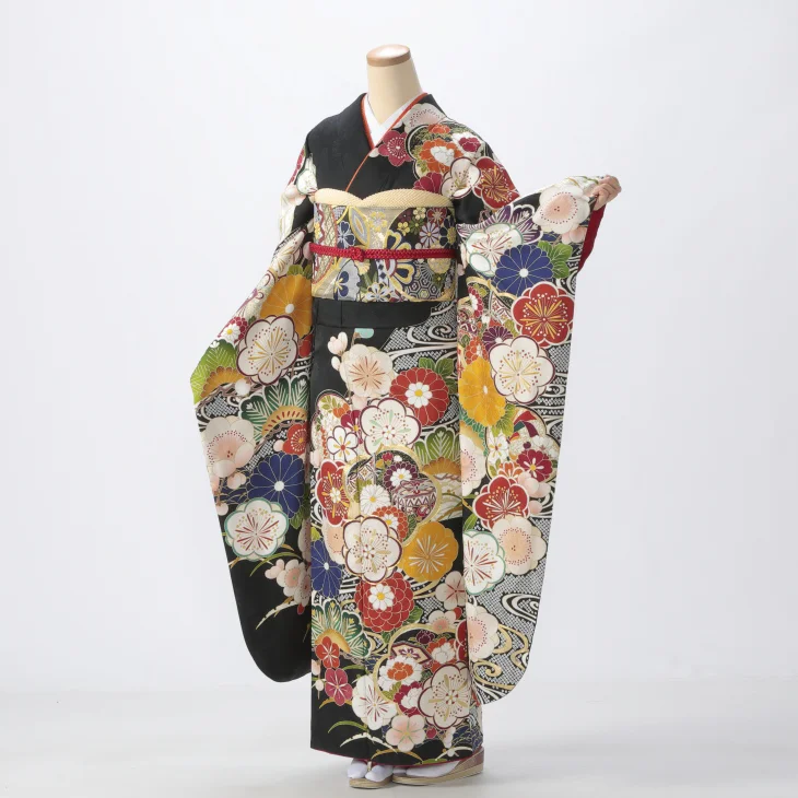 f0524530r】【黒系】振袖 レンタル フルセット Lサイズ 【状態:S