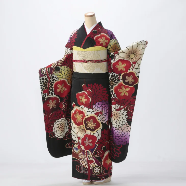 f0525441r】【黒系】振袖 レンタル フルセット Lサイズ 【状態:S