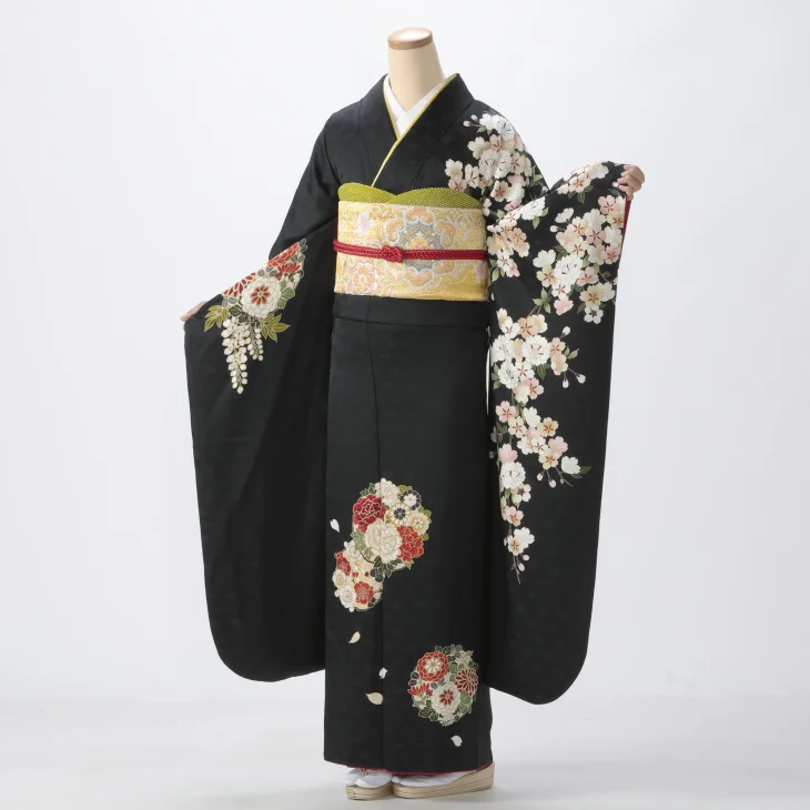 f0525670r】【黒系】振袖 レンタル フルセット Lサイズ 【状態:S