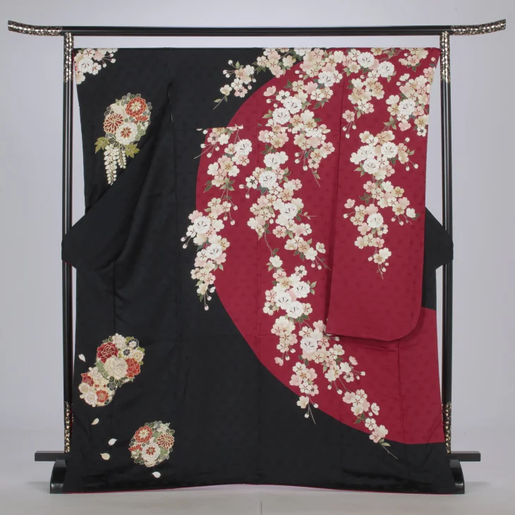 f0525670r2】【黒系】振袖 レンタル フルセット Lサイズ 成人式 着物