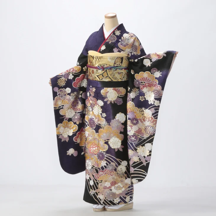 f0721368r】【黒系】振袖 レンタル フルセット Mサイズ 【状態:A