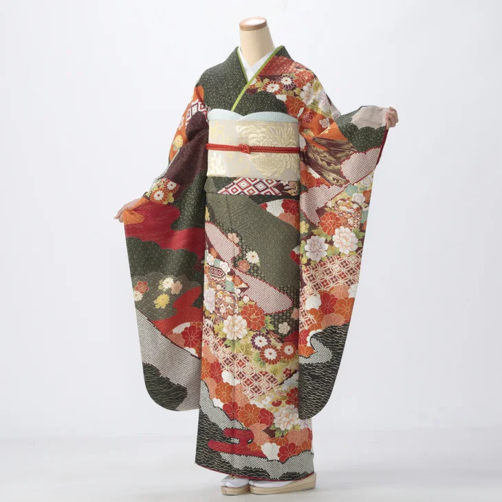 f0723047r】【黒系】振袖 レンタル フルセット Mサイズ 【状態:S