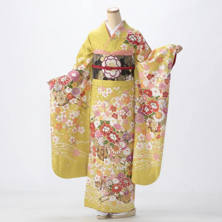 f0725354r】【黒系】振袖 レンタル フルセット Mサイズ 【状態:S