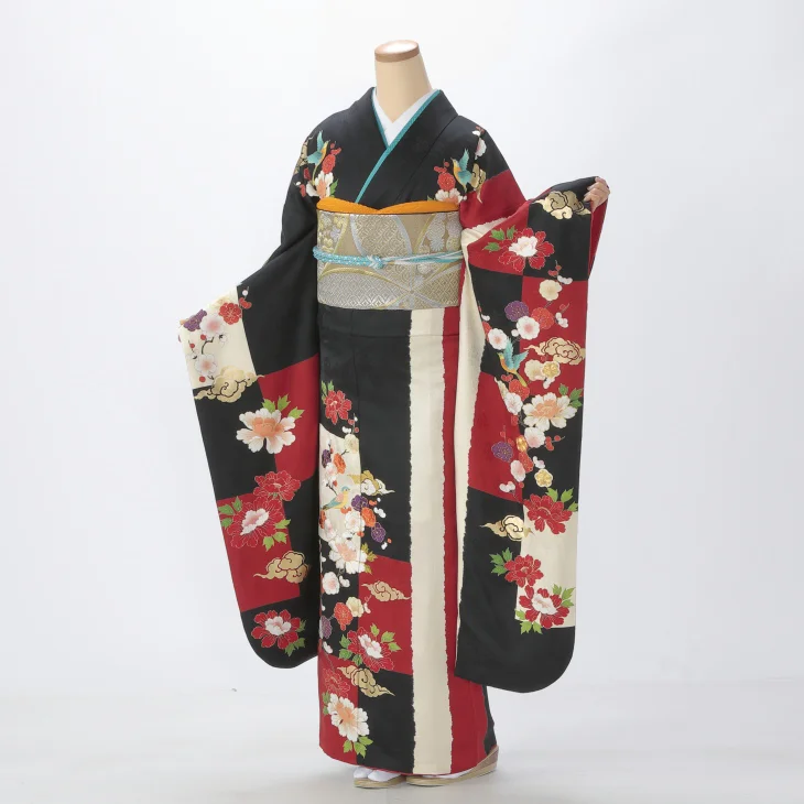 振袖 購入 フルセット Mサイズ 成人式 着物 【黒系】【中古】【状態:A】【f0922137】