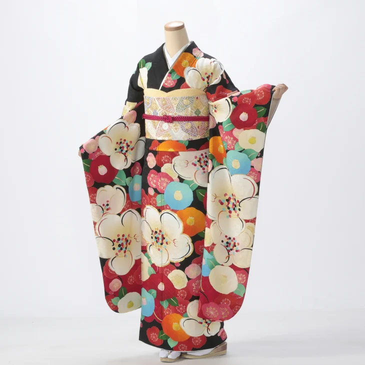 f1023001r】【黒系】振袖 レンタル フルセット Lサイズ 【状態:S