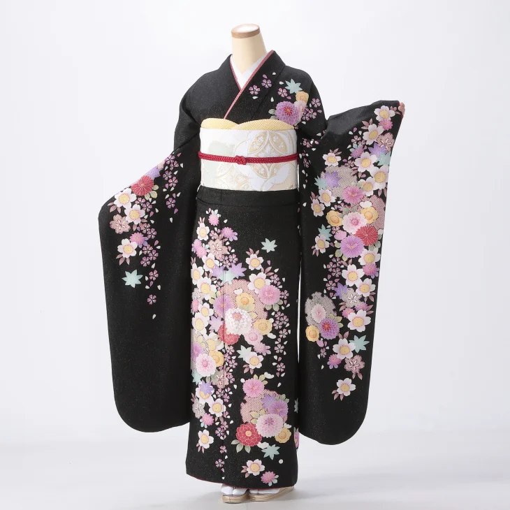 f8025007r】【黒系】振袖 レンタル フルセット Mサイズ ほぼ新品 成人