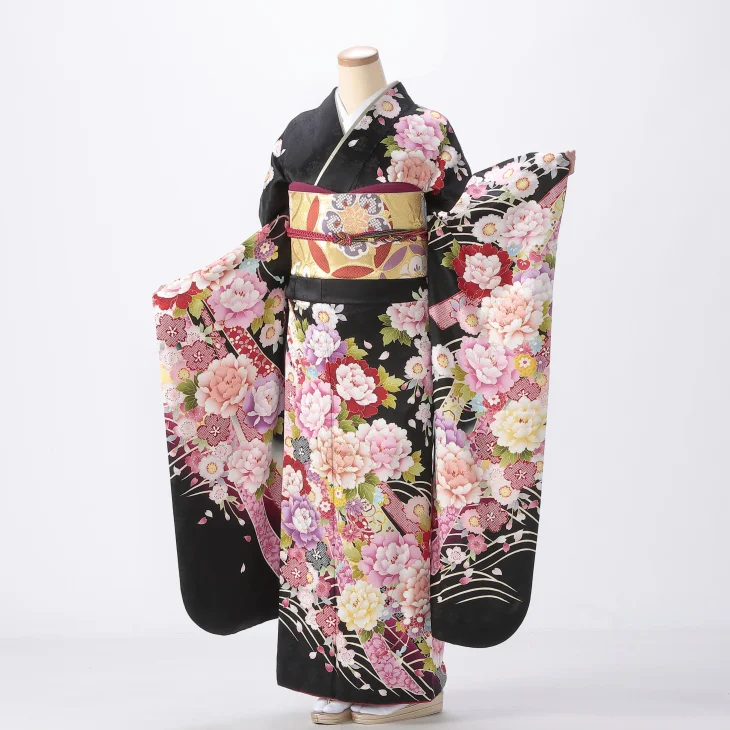 f8025026r】【黒系】振袖 レンタル フルセット Lサイズ ほぼ新品 成人