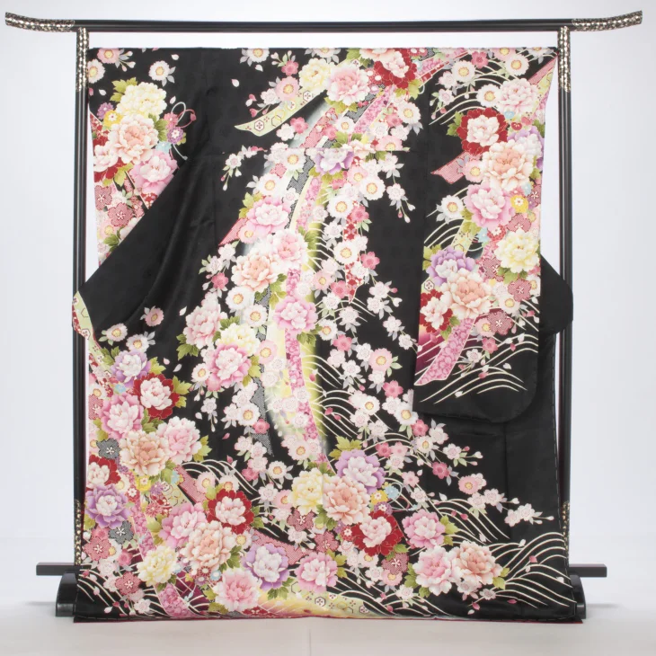 f8025026r】【黒系】振袖 レンタル フルセット LLサイズ ほぼ新品 成人