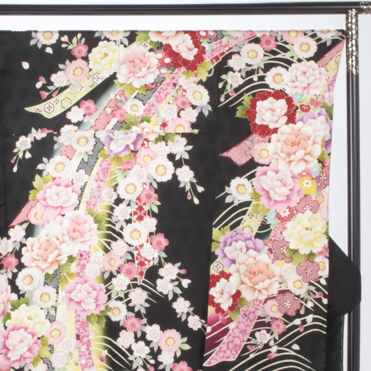 f8025026r】【黒系】振袖 レンタル フルセット Lサイズ ほぼ新品 成人