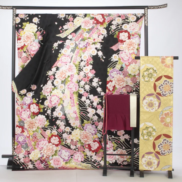 f8025026r】【黒系】振袖 レンタル フルセット Lサイズ ほぼ新品 成人