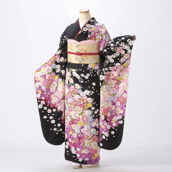 f8025027r】【黒系】振袖 レンタル フルセット Lサイズ ほぼ新品 成人