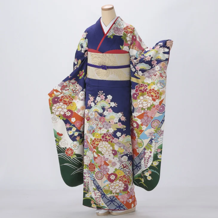 振袖 購入 フルセット Lサイズ 成人式 着物 【青・紺系】【中古】【状態:A】【f0321109】