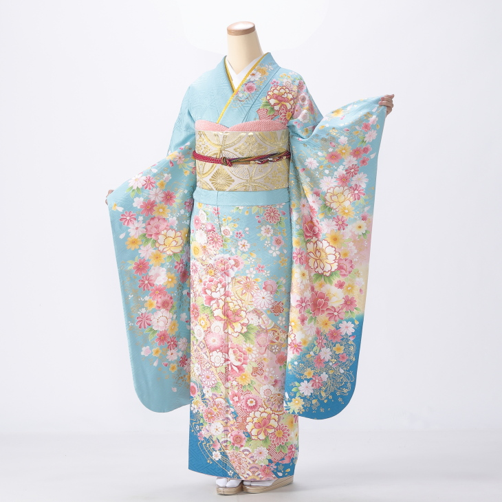 二部式　振袖　水色　花文様　未使用　Lサイズ　洗える着物　日本製 f0522028r】【青・紺系】振袖 レンタル フルセット Mサイズ