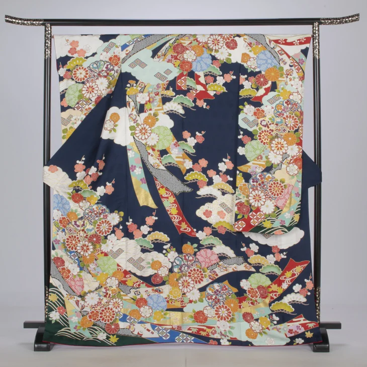 f0522358r】【青・紺系】振袖 レンタル フルセット Mサイズ 【状態:S