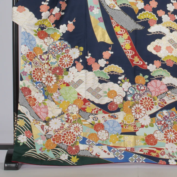 f0522358r2】【青・紺系】振袖 レンタル フルセット Mサイズ 成人式