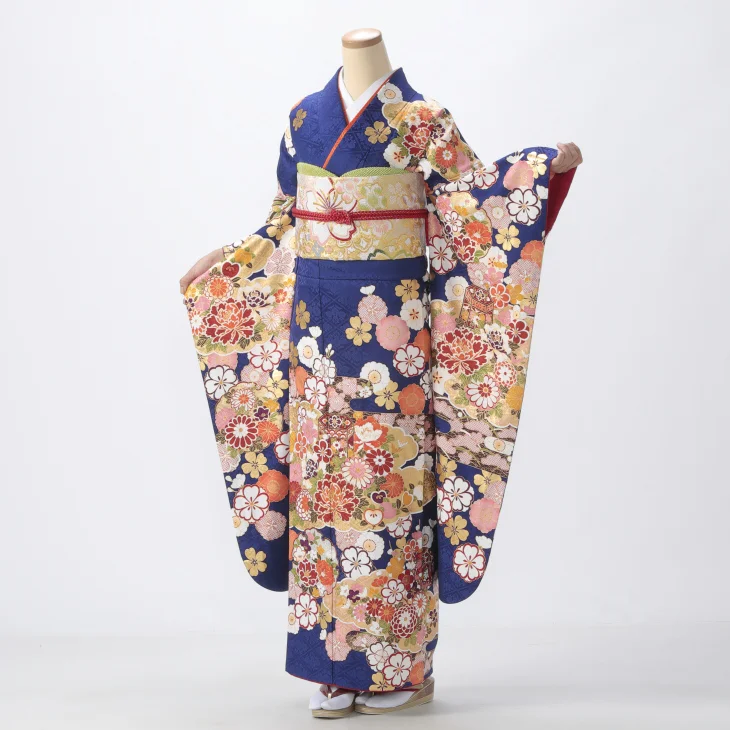 f0523336r】【青・紺系】振袖 レンタル フルセット Mサイズ 【状態:S