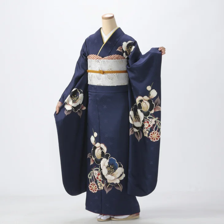 振袖フルセット　バラ　チャコールグレー f0524491r】【青・紺系】振袖 レンタル フルセット Lサイズ 【状態:S