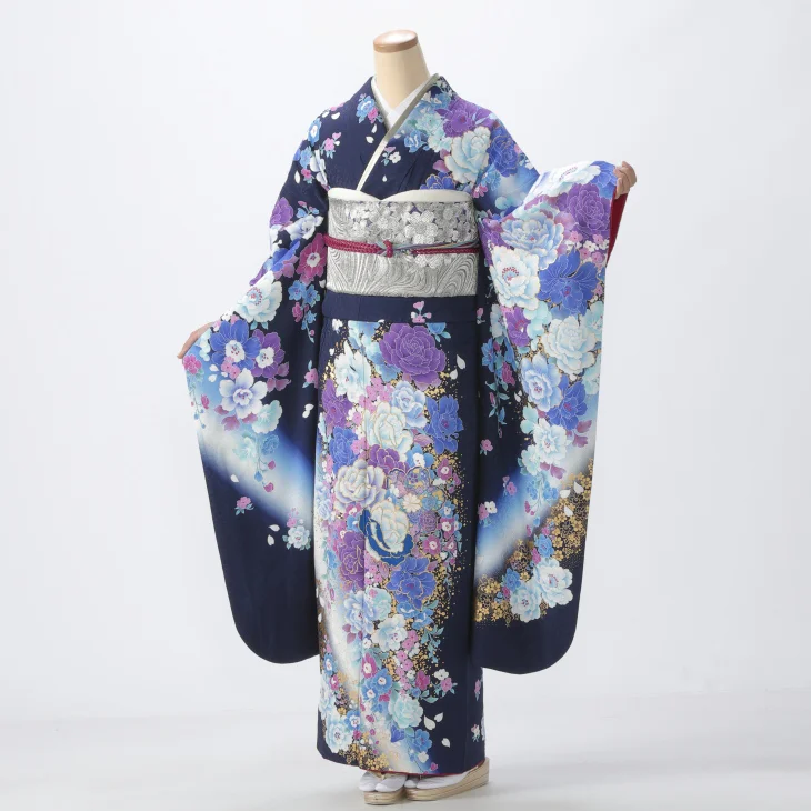 f0725415r2】【青・紺系】振袖 レンタル フルセット Mサイズ 成人式