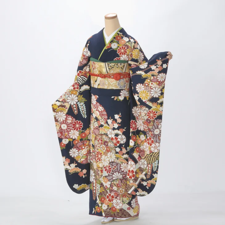 振袖 購入 フルセット Mサイズ 成人式 着物 【青・紺系】【中古】【状態:A】【f0818017】
