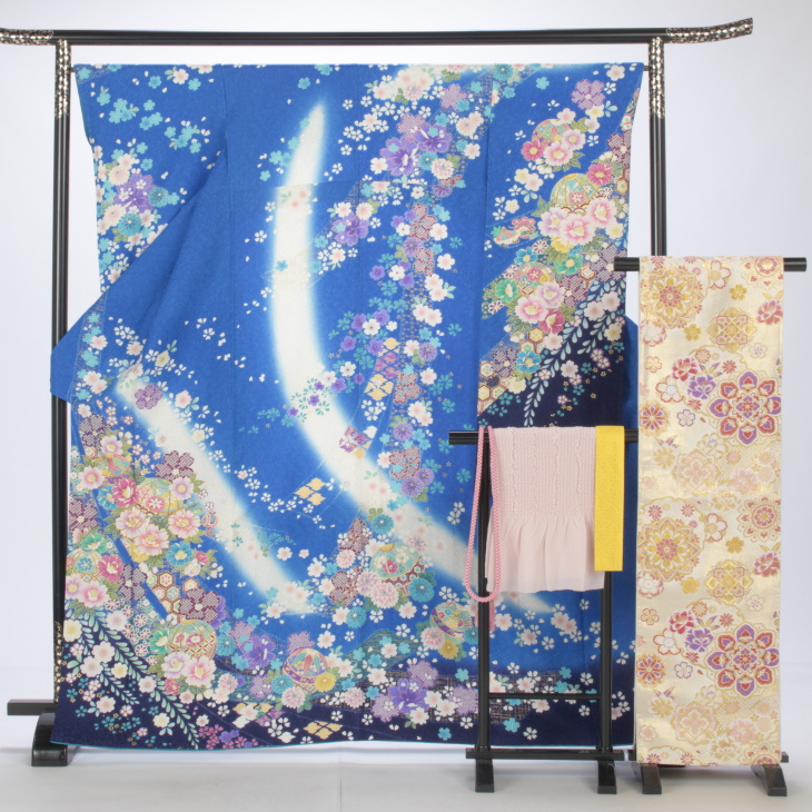 f0922123r】【青・紺系】振袖 レンタル フルセット Mサイズ