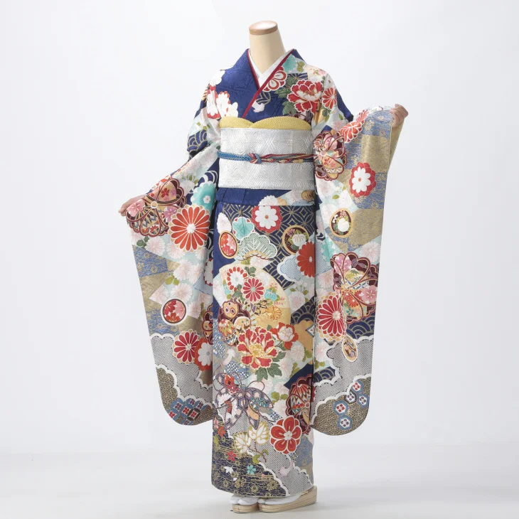 f1021028r】【青・紺系】振袖 レンタル フルセット Mサイズ 【状態:A