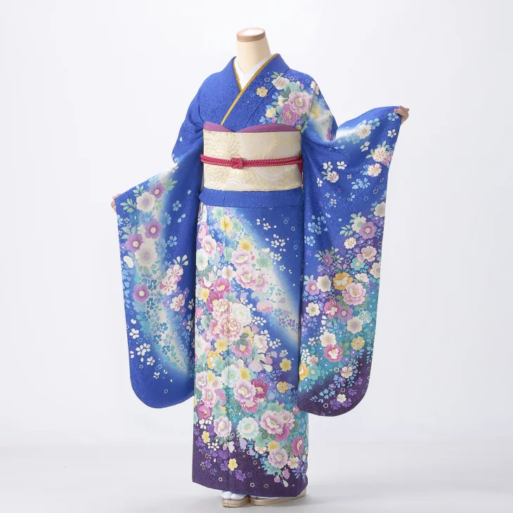 f8025003】【青・紺系】振袖 販売 フルセット Mサイズ ほぼ新品 成人式