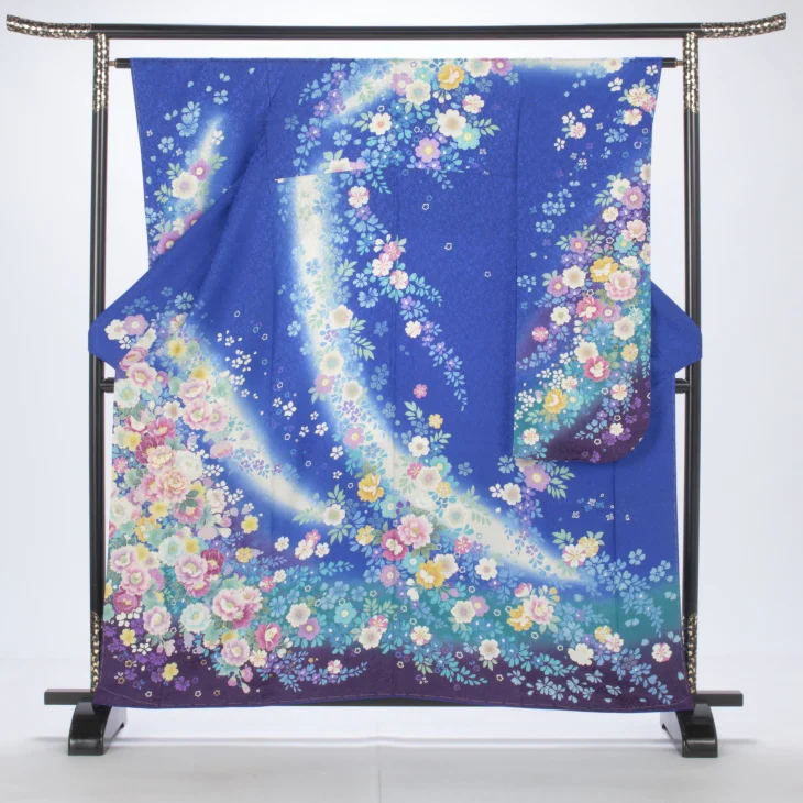 f8025003r】【青・紺系】振袖 レンタル フルセット Mサイズ ほぼ新品