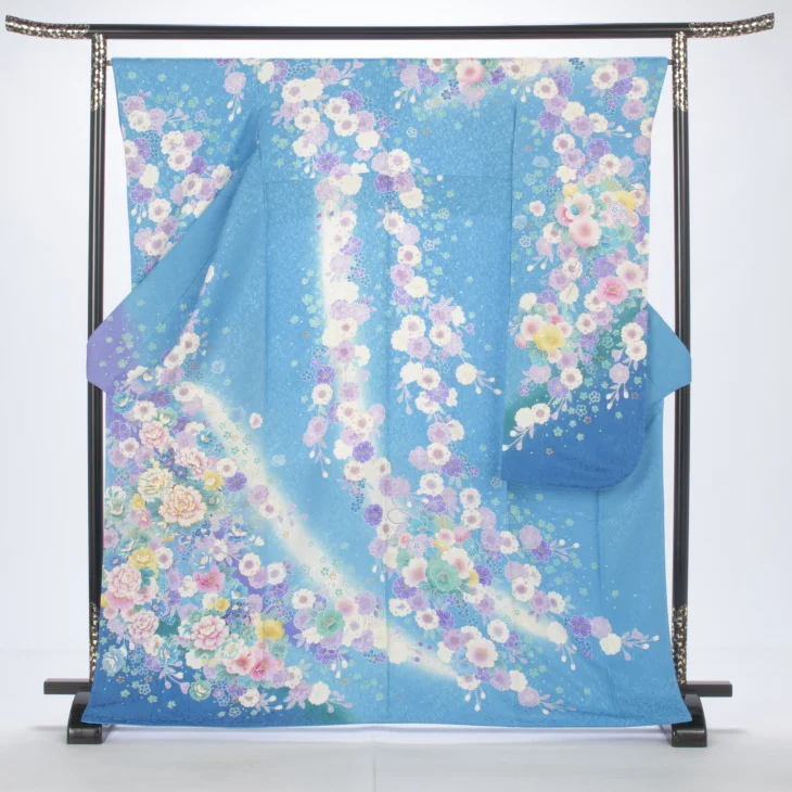 f8025009r】【青・紺系】振袖 レンタル フルセット Mサイズ ほぼ新品