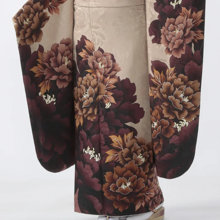 ★3225★ 振袖 茶色系 茶み朱色 花柄 襦袢付き 着物セット 貸衣裳ぽえむ 成人式振袖 ブランド レンタル 着物レンタル フルセット