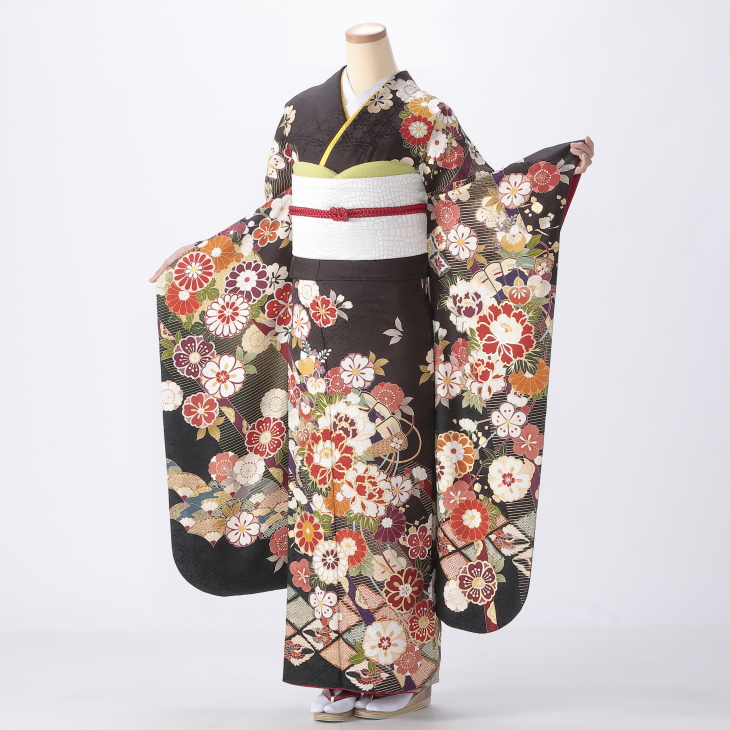 振袖 購入 フルセット Lサイズ 成人式 着物 【茶系】【中古】【状態:S】【f0723023】