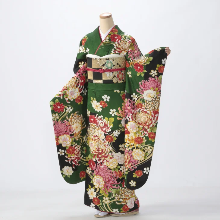 振り袖フルセット値下げ中 f0523232r】【グリーン系】振袖 レンタル フルセット Mサイズ 【状態:S