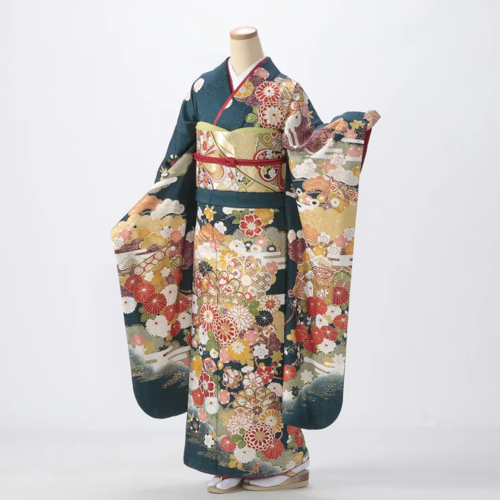 f0523371r】【グリーン系】振袖 レンタル フルセット Mサイズ 【状態:S