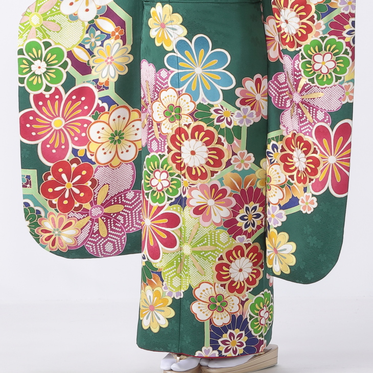 f0523394r】【グリーン系】振袖 レンタル フルセット Mサイズ 【状態:S