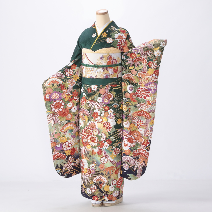 【袴プレゼント対象】振袖 購入 フルセット Lサイズ 成人式 着物 【グリーン系】【中古】【状態:S】【f0524348】