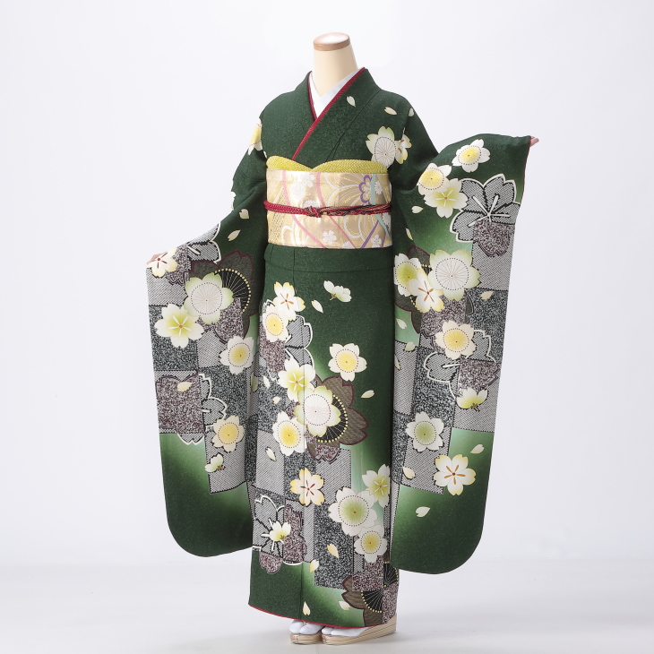 振袖 購入 フルセット Lサイズ 成人式 着物 【グリーン系】【中古】【状態:A】【f0618129】