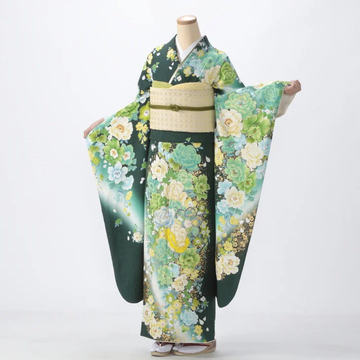 f0725224r2】【グリーン系】振袖 レンタル フルセット Lサイズ 成人式