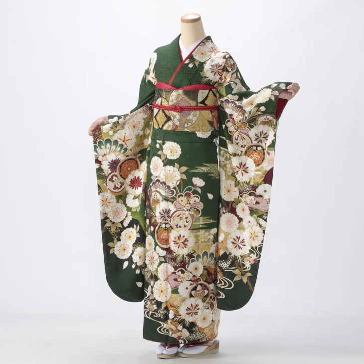 ごんざれす　振袖　セット　成人式　緑　グリーン　　中古　モダン　正絹 ごんざれす 振袖 セット 成人式 緑 グリーン 中古 モダン 正絹 ごん