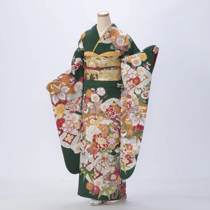振袖 購入 フルセット Mサイズ 成人式 着物 【グリーン系】【中古】【状態:A】【f0818023】