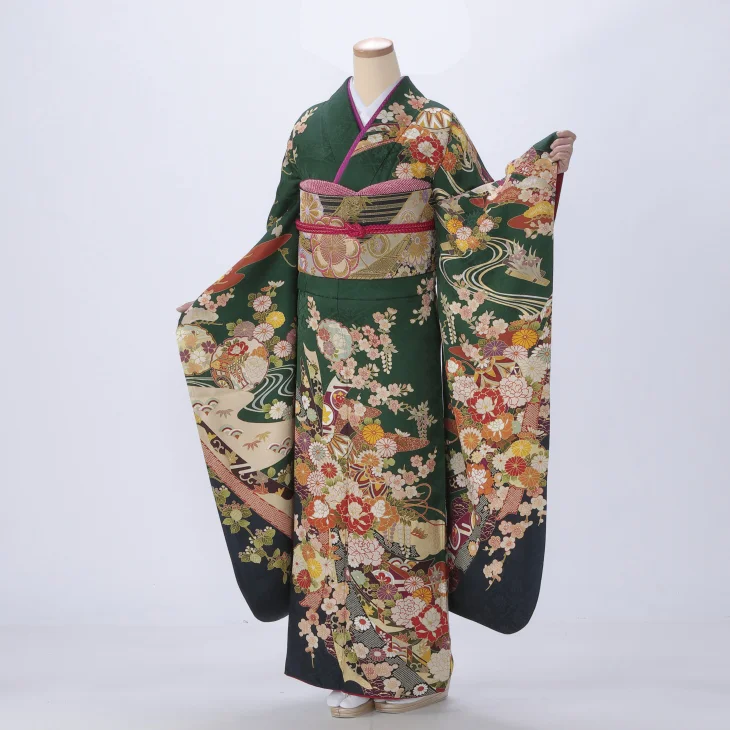 【袴プレゼント対象】振袖 購入 フルセット Lサイズ 成人式 着物 【グリーン系】【中古】【状態:A】【f0921115】