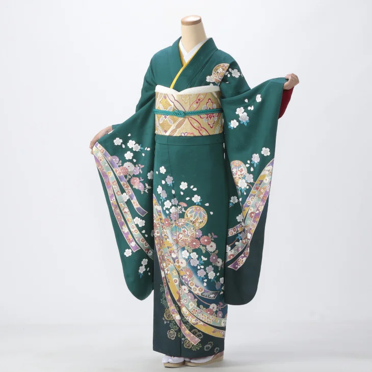 ごんざれす　振袖　セット　成人式　緑　グリーン　　中古　モダン　正絹 成人式振袖 緑 正絹 着物のみ ごんざれす 振袖 セット 成人式 緑