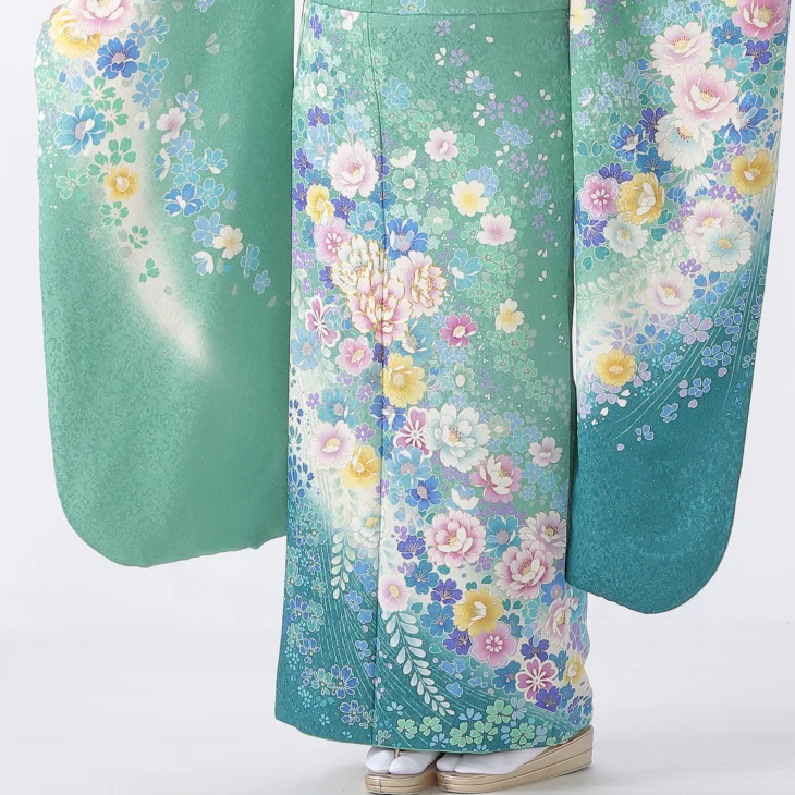 f8025001】【グリーン系】振袖 販売 フルセット Lサイズ ほぼ新品 成人