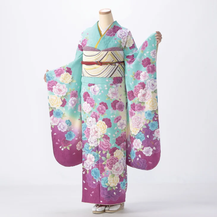 【長襦袢　付き】友禅　振袖　成人式　卒業式　青　薄桃　緑 長襦袢 付き】友禅 振袖 成人式 卒業式 青 薄桃 緑