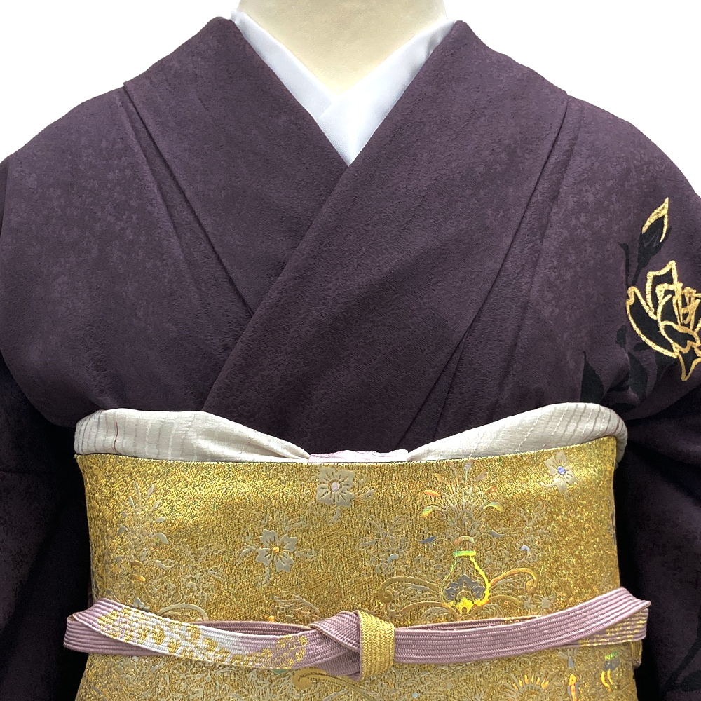 訪問着　茶　ゴールド　藍　紫　白　松の葉　三角　刺繍　京友禅　B754 未使用 型染め友禅 茶屋辻 四季の花々 訪問着 袷 正絹 紫 緑 ベーシュ