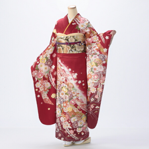 20%OFFクーポン対象 振袖 販売 フルセット Lサイズ ほぼ新品 【赤・ワイン系】【中古】【状態:S】【f8022035】