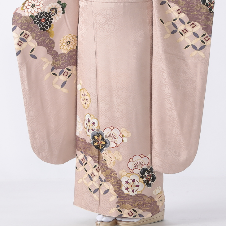 振袖　フルセット　クリーニング済み　ピンク 最新作くすみカラー古典 サーモンピンク/ピンクベージュ 菊柄/梅
