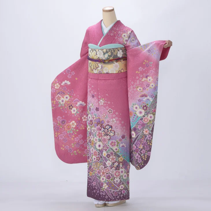 超美品　現代　振袖　成人式　着物　正絹 161.5裄63 ピンク　桜柄　anan f0507023.webp